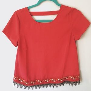 Red, Lace, & Floral Crop Top