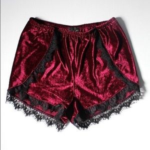 ON HOLD maroon velvet lace shorts