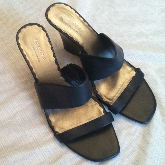 Black leather wedge sandals