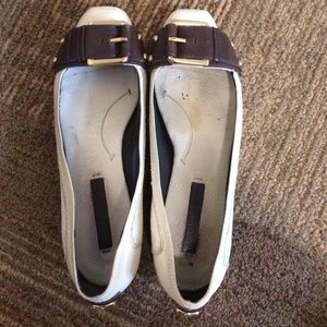BCBGMaxAzria cream and brown buckle flats