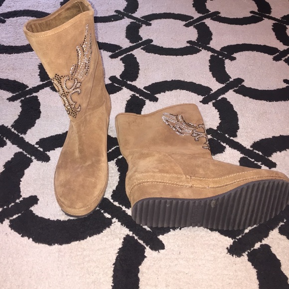 Tan jeweled Reba wedge boots never worn
