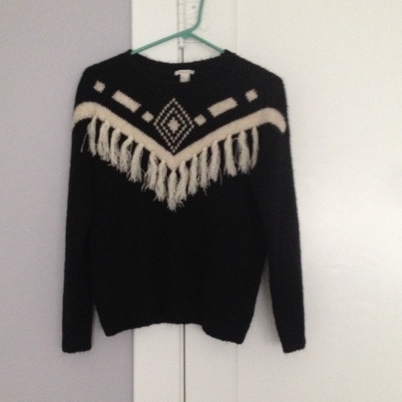 black, white, sweater, fringe