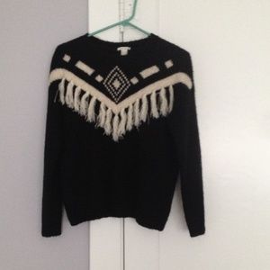 black, white, sweater, fringe