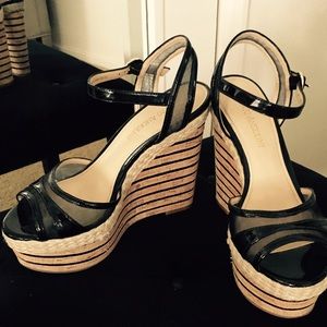 Black patent leather platform wedges