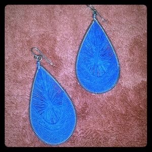 Blue woven thread teardrop shaped earrings