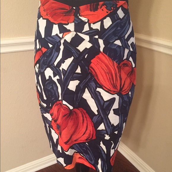 Orange, Cobalt Blue Floral Print A-Line Skirt