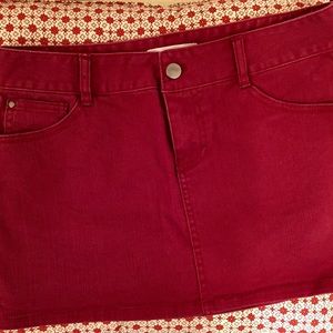 Red denim mini skirt