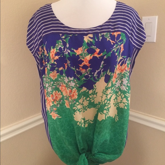 Floral Blue and Green Silk Tunic Blouse