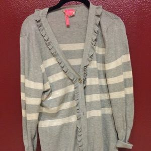 Boston Proper grey/white ruffled sequined cardigan