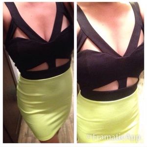 Black & Neon Yellow Cut-out Front Mini Dress