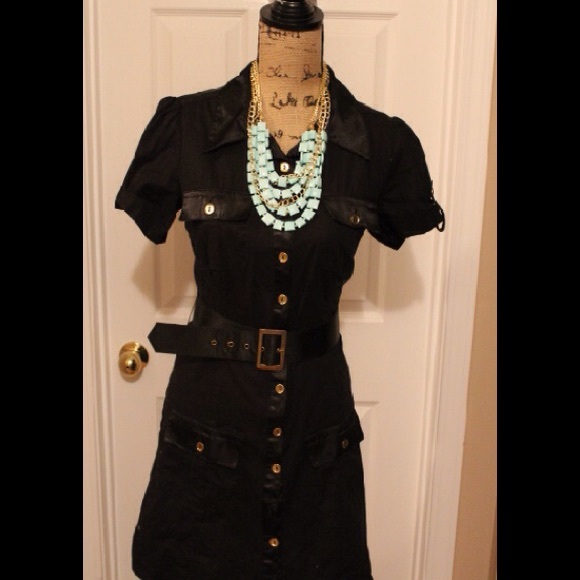 Black and gold button down dress with belt.