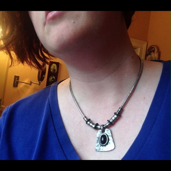 Chico's Silver Tone Faux Onyx Pendant Necklace