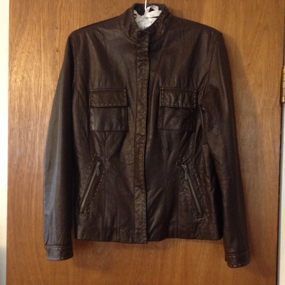 Chico's Brown Top-Stitched Leather Jacket Size 0