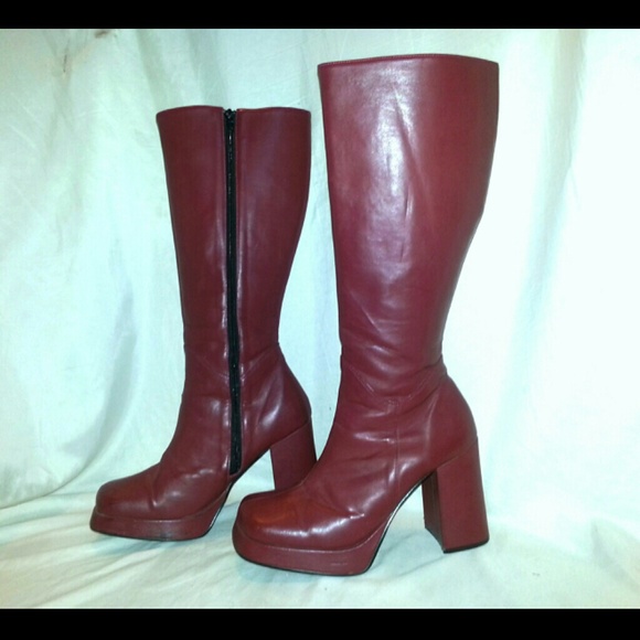Vintage mega platform chunky heel boots burgundy