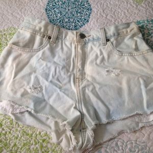 bleach wash high waisted jean shorts.