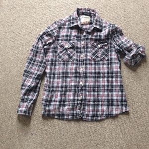 Red black and white lightweight plaid shirt L