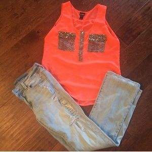 Neon coral sheer top with sequin pockets