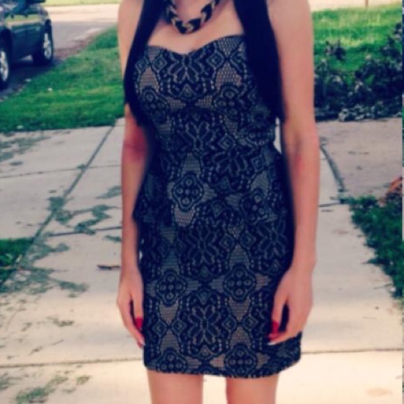 Black Lace Over Tan Dress