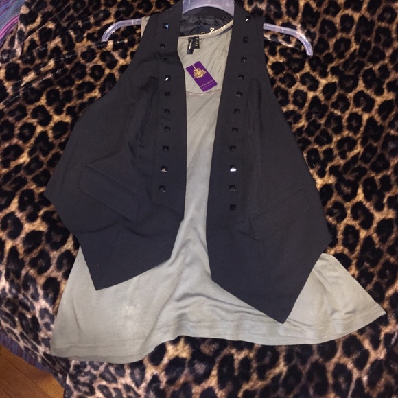 Black Studded Vest with Olive Green tank top.