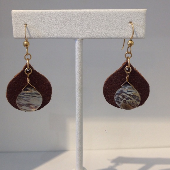 Leather Earrings Bronze Leather and Quartz
