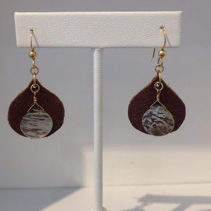 Leather Earrings Bronze Leather and Quartz