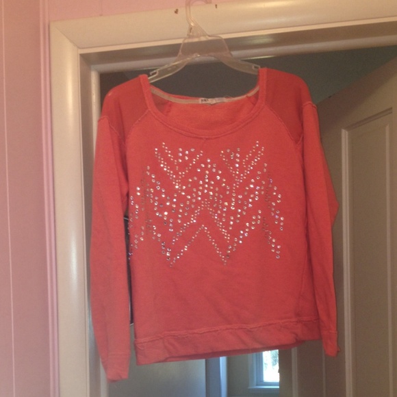 Coral blinged sweatshirt with mesh shoulders