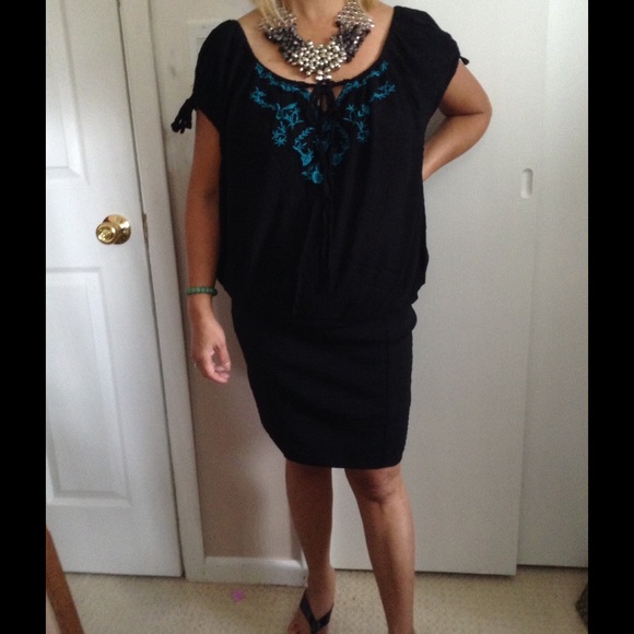 Arden B. Black with blue embroided blouse