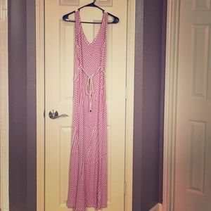 Pink and white striped maternity maxi