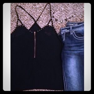 💄Sheer black top! Racerback tank with gold jewels