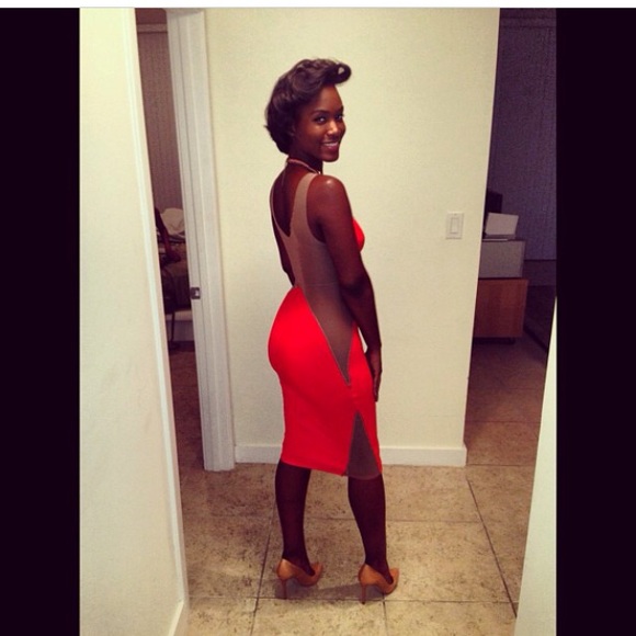 Custom made sheer panel neon orange dress