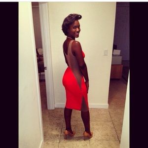 Custom made sheer panel neon orange dress