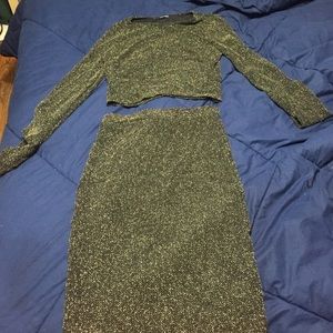 Shiny gold and black Long sleeve top n mini skirt
