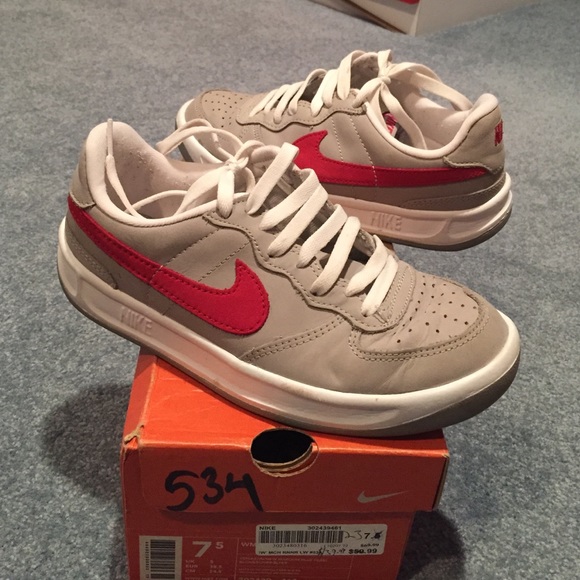 Grey and red nike sneakers