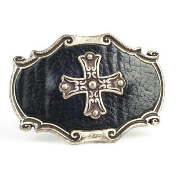 Metal & black leather cross belt buckle