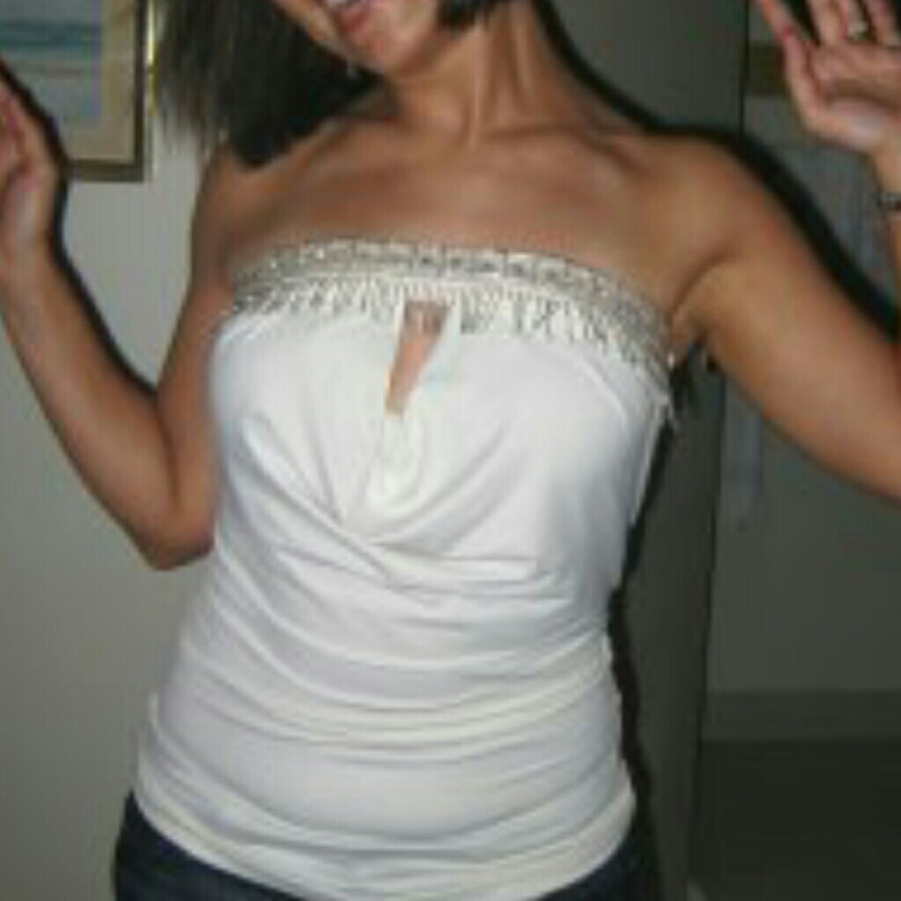 Club/party Ivory tube top with silver beading - Picture 1 of 4