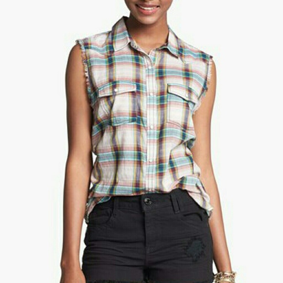 Rubbish Tops - Fringe Plaid Sleeveless Shirt
