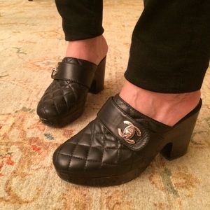 Chanel black quilted lambskin clogs