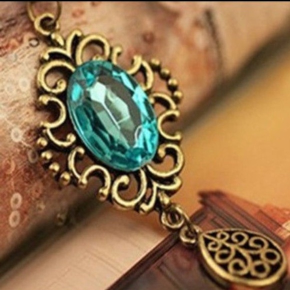 Sky Light Blue Crystal Bronze Floral Long Necklace - Picture 1 of 3