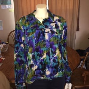 Blue green and white coral blazer by Notations.