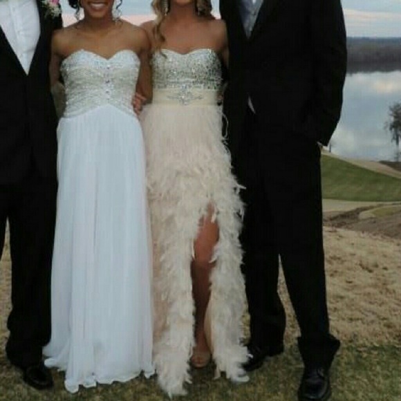 Prom pageant feather dress gown