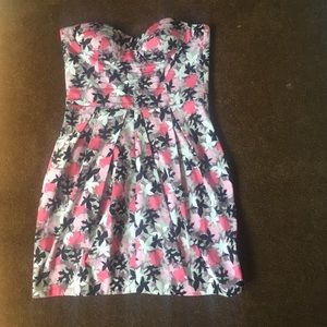 White, purple, pink, & black leaf-pattern dress
