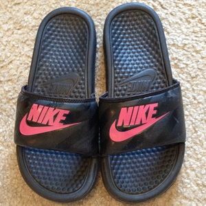 Black and pink slip ons