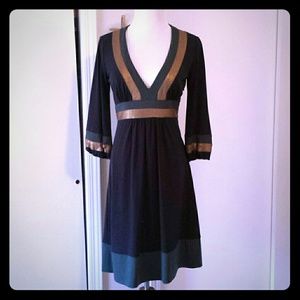 Laundry navy dress with green and gold.