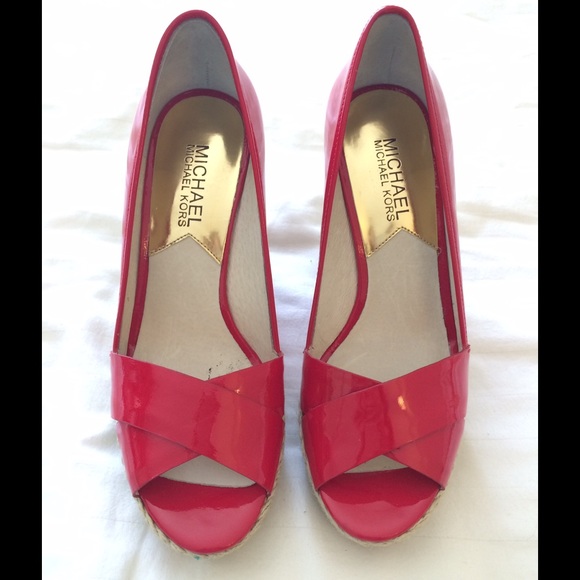 MICHAEL Michael Kors Shoes - Michael Kors Red Patent Peep Toe Wedge Sze 6