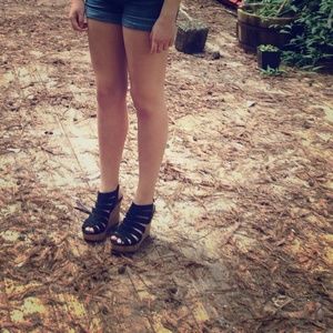 Black suede cork wedges
