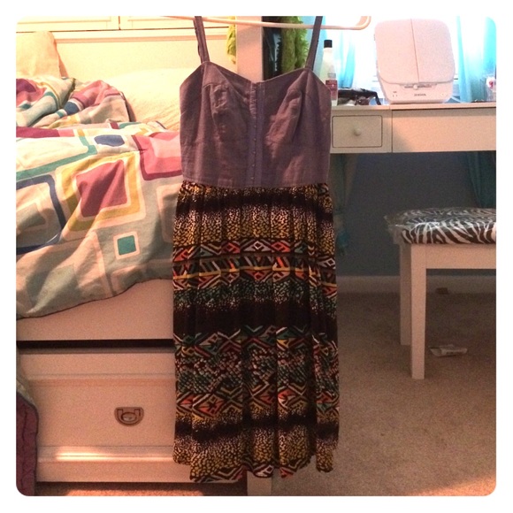 Denim and tribal print dress.