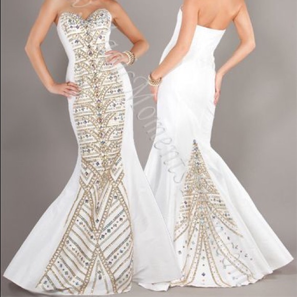 Jovani white and gold prom dress