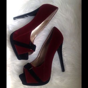 Velour Red & Black Peep Toe Heels