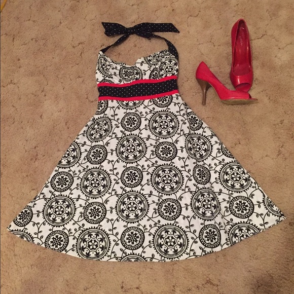 White, black, and red halter top dress!