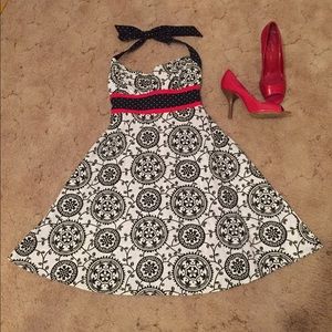 White, black, and red halter top dress!